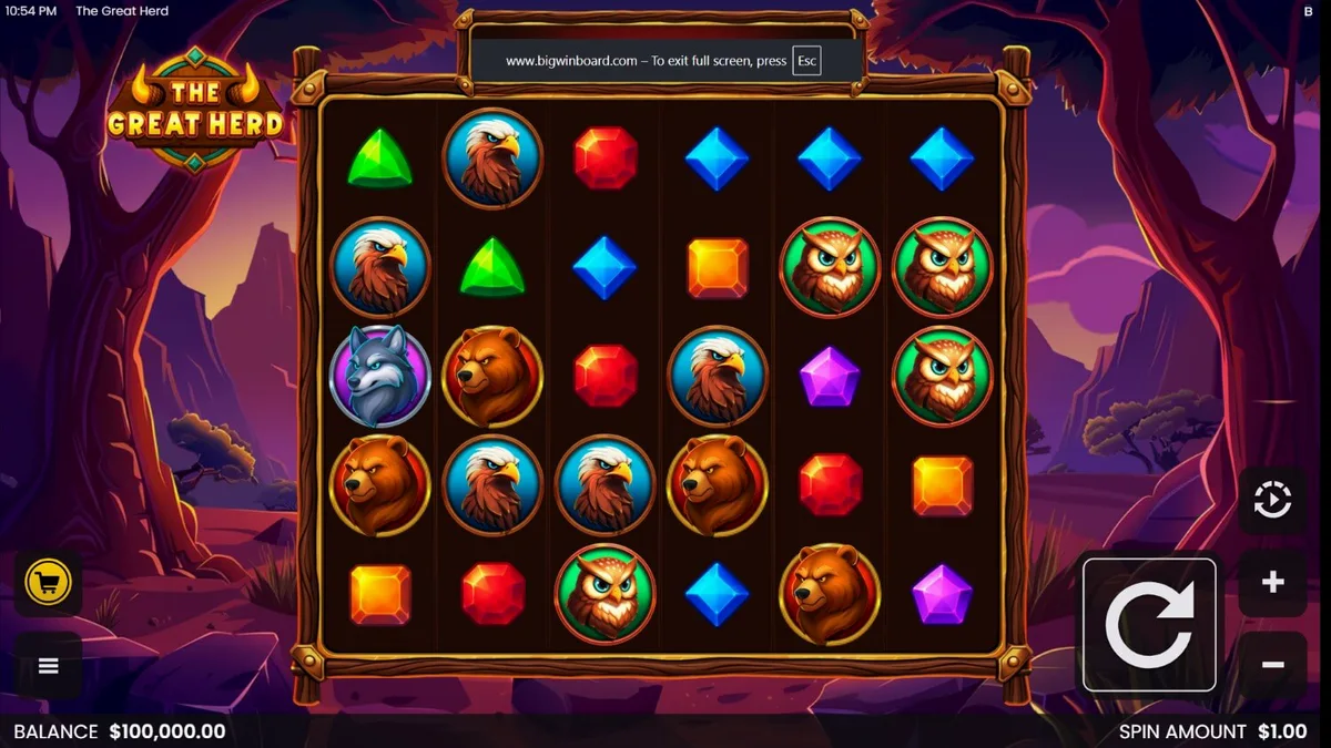 The Great Herd slot game interface featuring African wildlife and golden savanna landscape