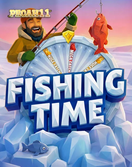 Pemandangan danau es dan roda keberuntungan dalam slot Fishing Time